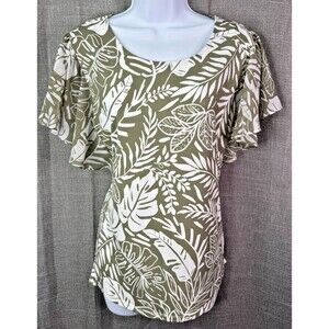 Calvin Klein Short Sleeve Dressy Top Blouse Women's Size Medium Green Leaf Print